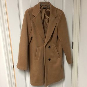 Long camel colored double breasted dress coat